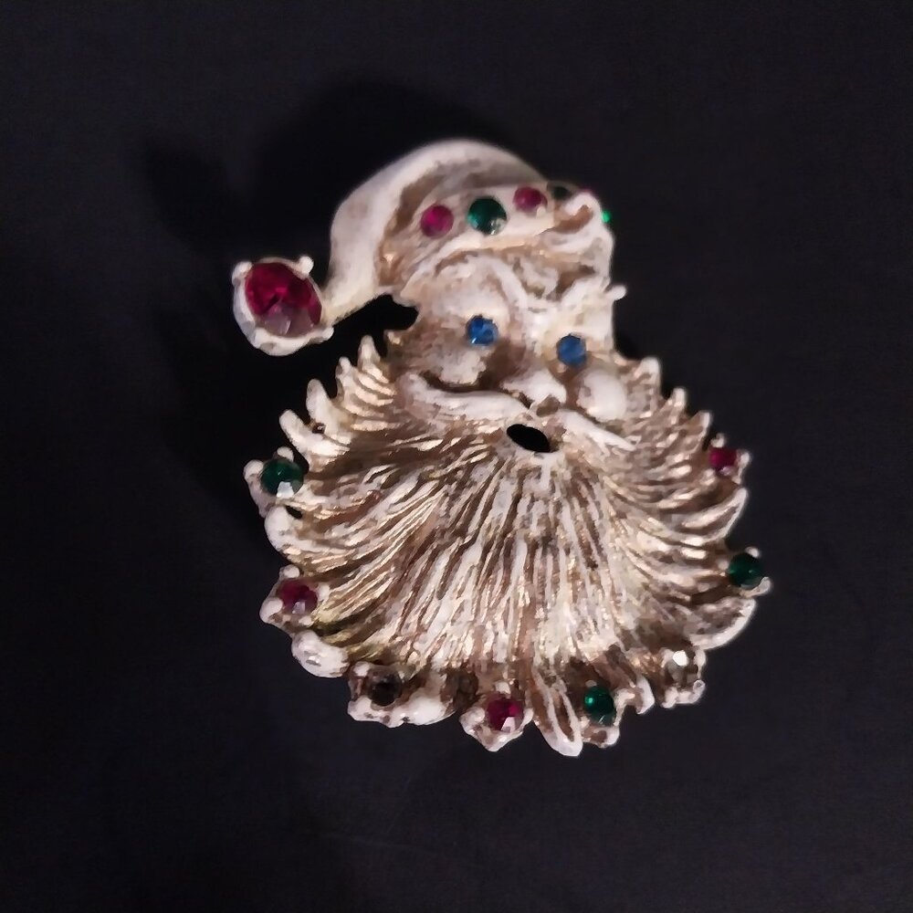 Vintage Santa Claus Brooch Pin Christmas Mid Century Painted Enamel Rhinestones